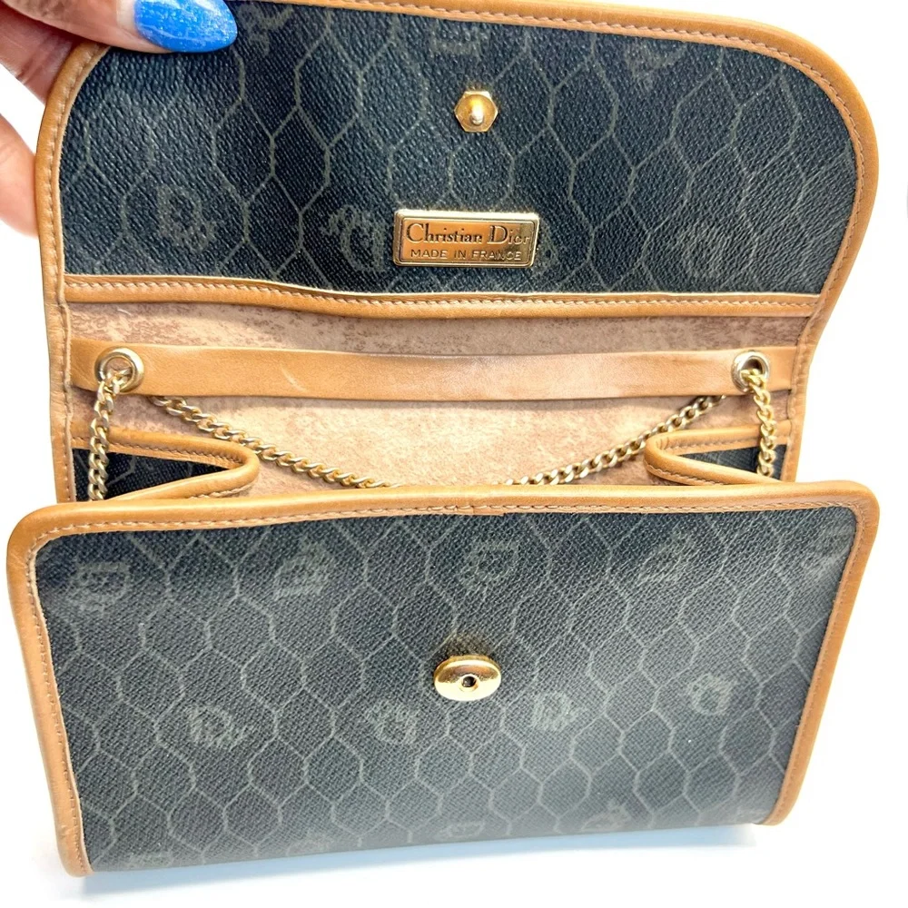 Dior Honeycomb Coated Canvas Chain Shoulder Bag in Black with Tan Leather Trim
